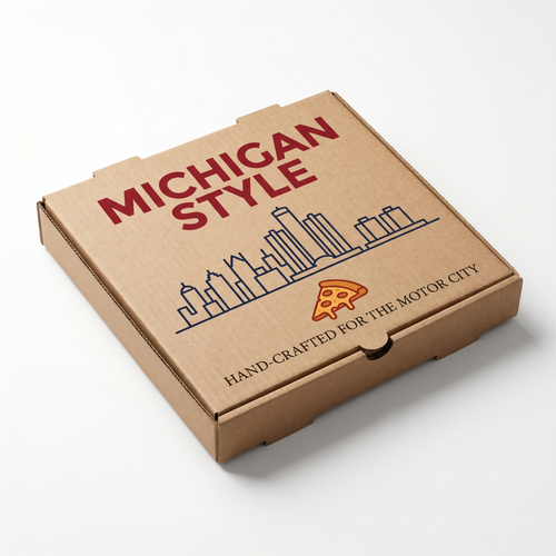Michigan Style Pizza Box - hero 3/4 angle view with branded lid design