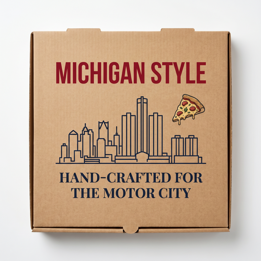 Michigan Style Pizza Box - top-down flat lay overhead view