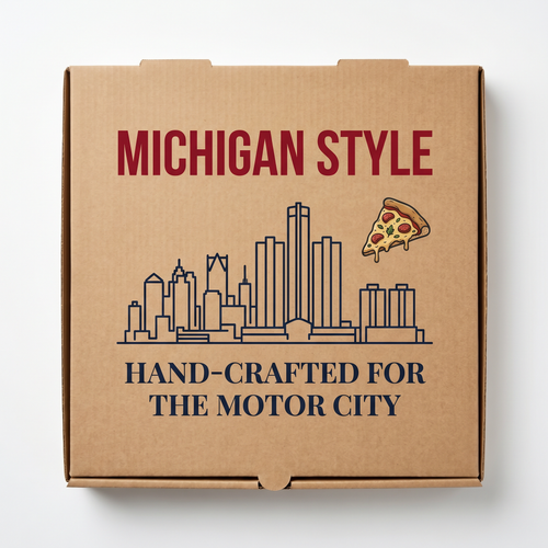 Michigan Style Pizza Box - top-down flat lay overhead view