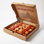 Michigan Style Pizza Box - open lid showing Detroit-style square pizza inside