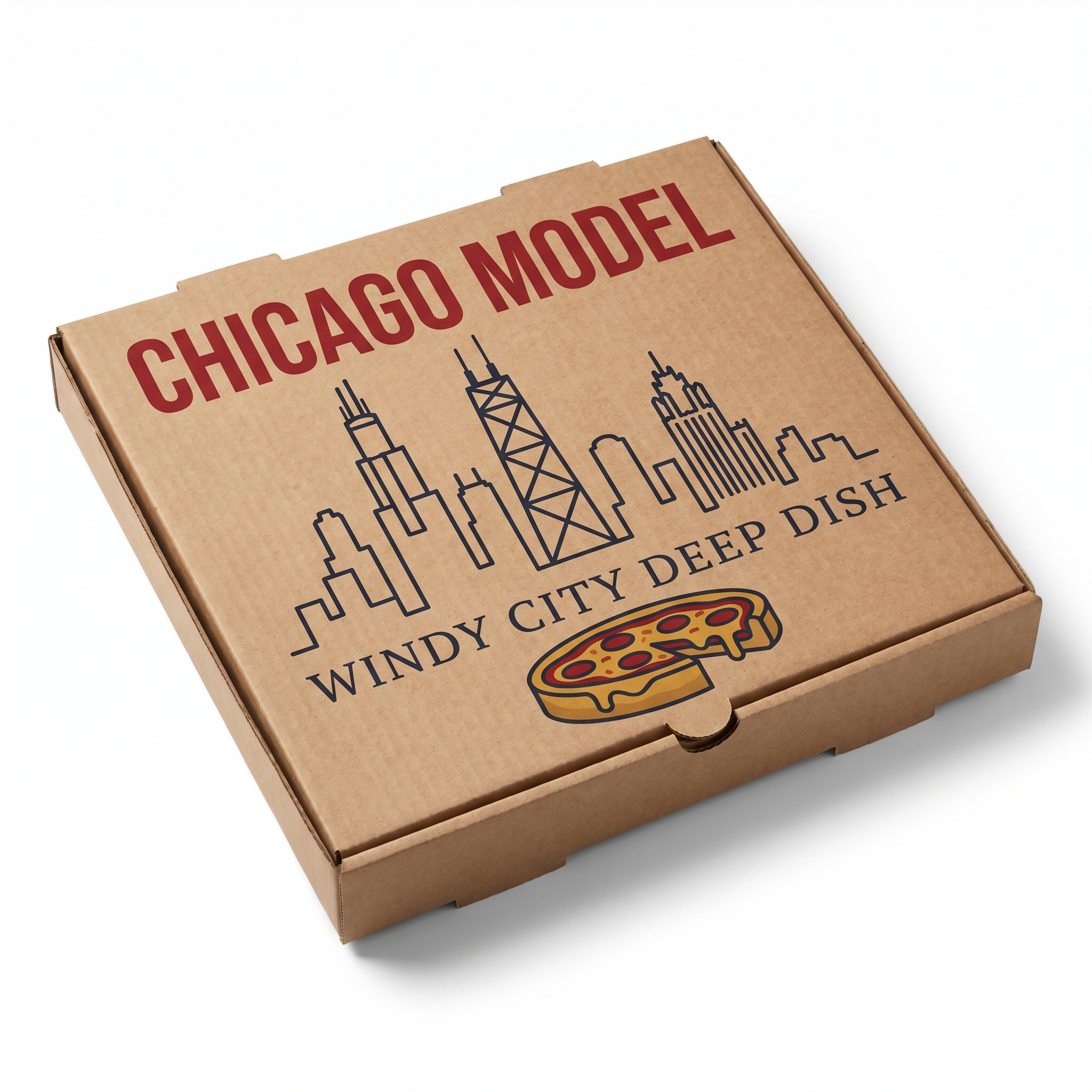Chicago Model Pizza Box - hero 3/4 angle view with branded lid showing Windy City Deep Dish design