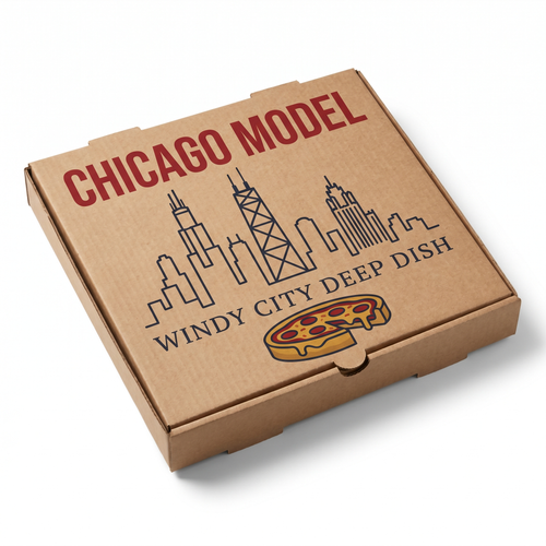 Chicago Model Pizza Box - hero 3/4 angle view with branded lid showing Windy City Deep Dish design