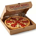 Chicago Model Pizza Box - open lid showing thick crust deep-dish Chicago pizza inside
