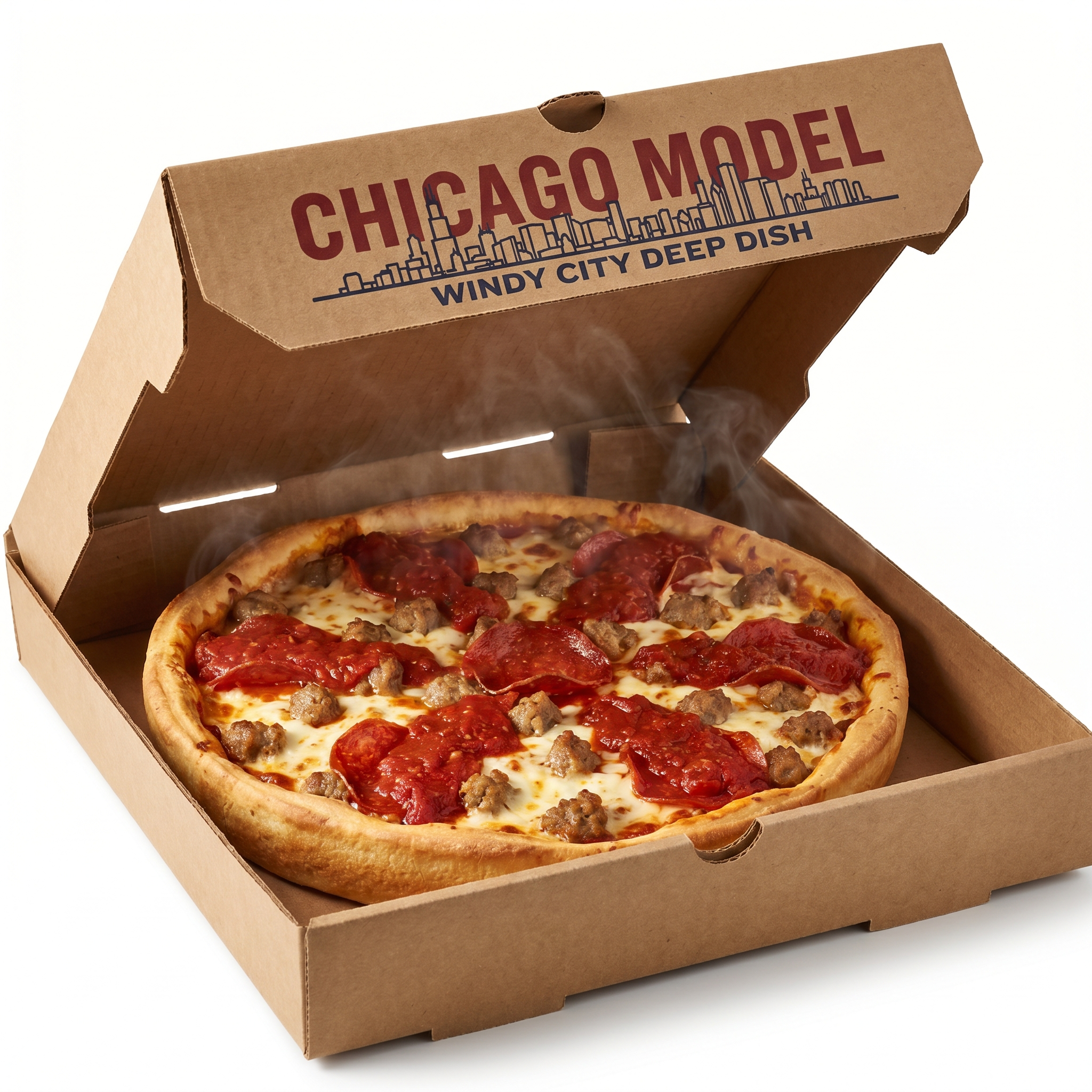 Chicago Model Pizza Box - open lid showing thick crust deep-dish Chicago pizza inside