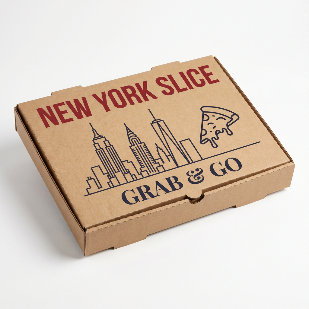 Take Out Model Pizza Box - hero 3/4 angle view with New York Slice Grab and Go branding
