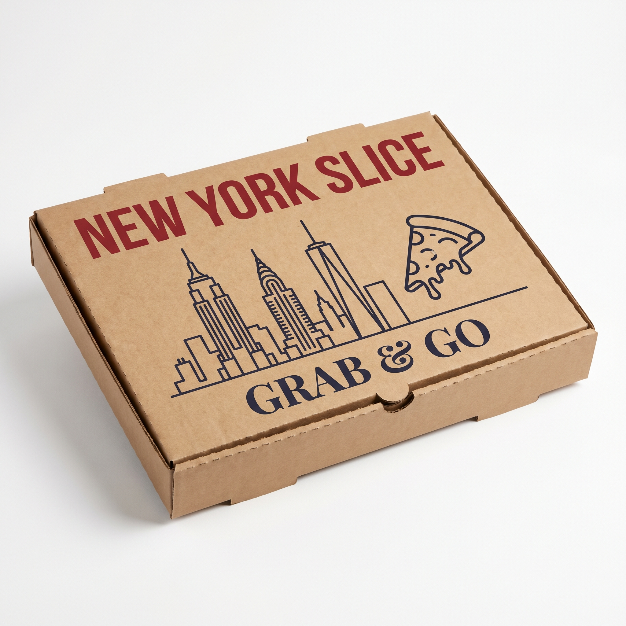 Take Out Model Pizza Box - hero 3/4 angle view with New York Slice Grab and Go branding