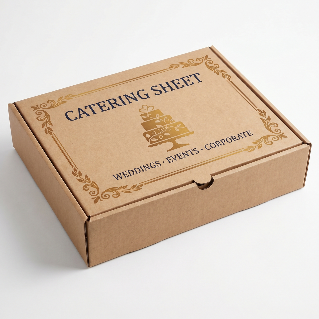 Catering Model Pizza Box Half Sheet - elegant branded lid 3/4 angle view