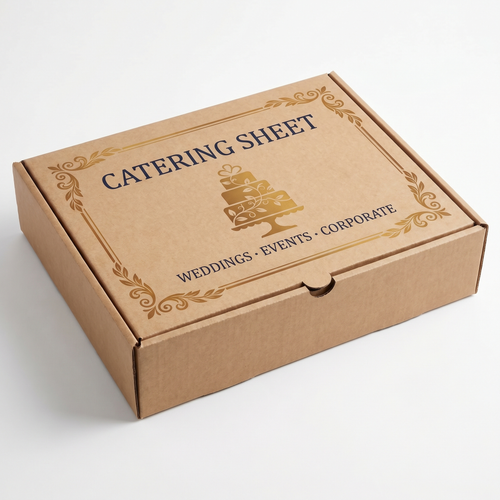 Catering Model Pizza Box Half Sheet - elegant branded lid 3/4 angle view