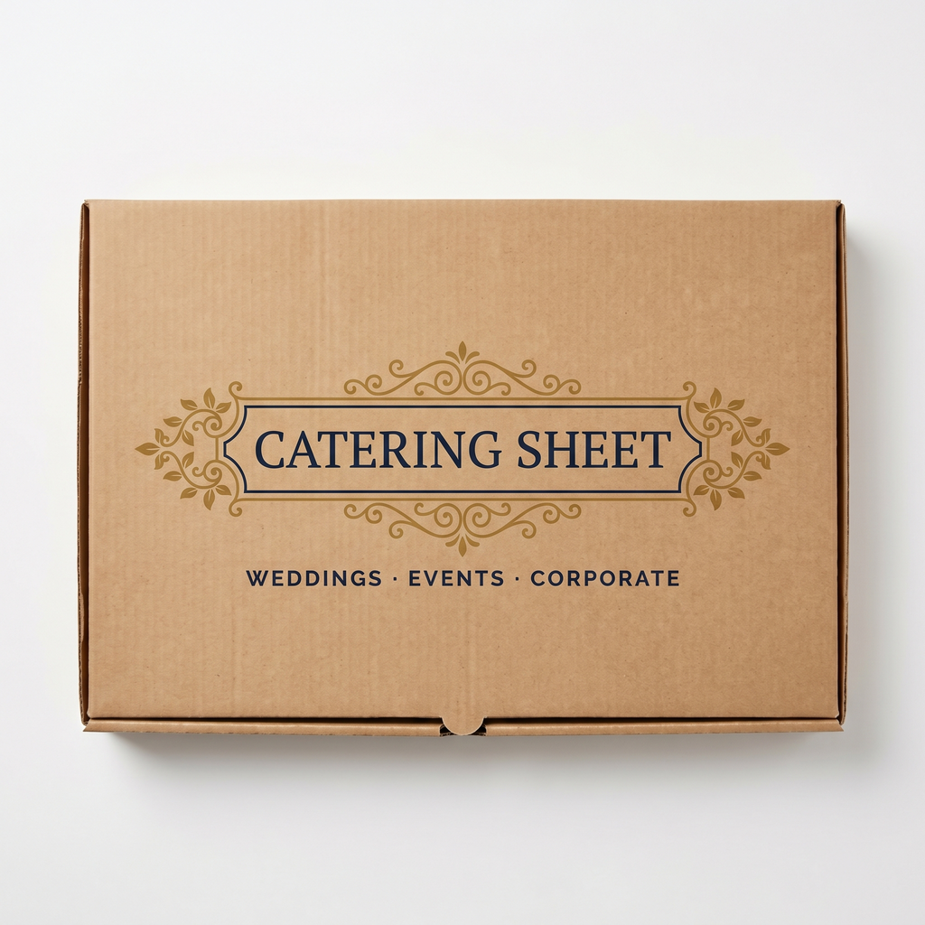 Catering Model Pizza Box Large Sheet - top-down view with elegant gold scroll branding