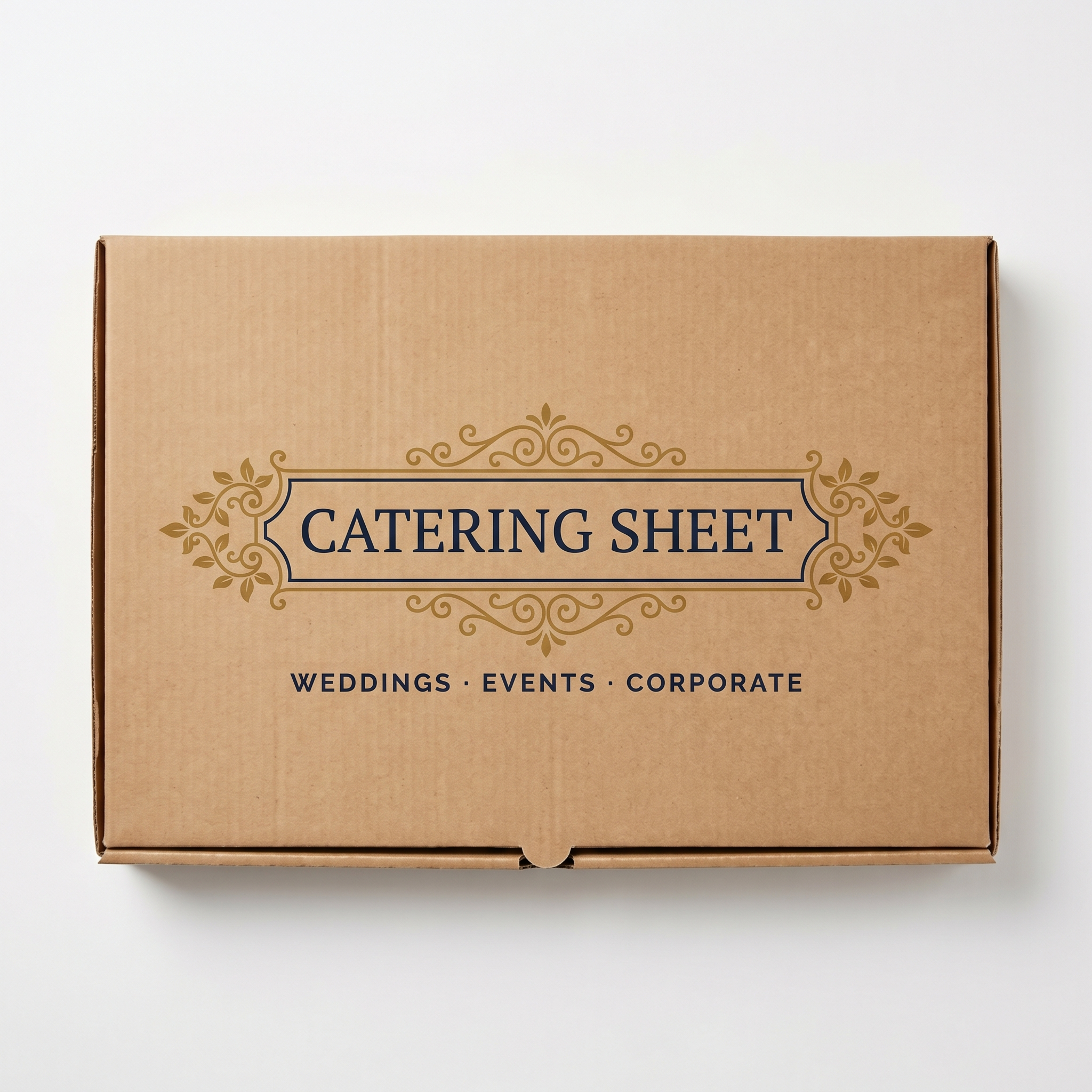Catering Model Pizza Box Large Sheet - top-down view with elegant gold scroll branding