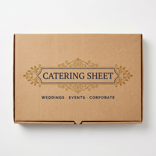 Catering Model Pizza Box Large Sheet - top-down view with elegant gold scroll branding