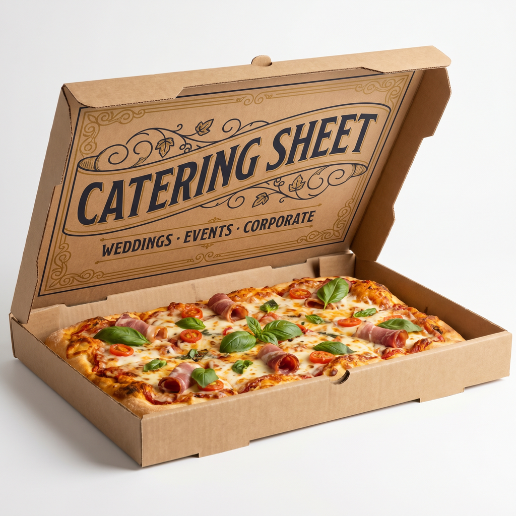 Catering Model Pizza Box - open showing Sicilian-style sheet pizza inside