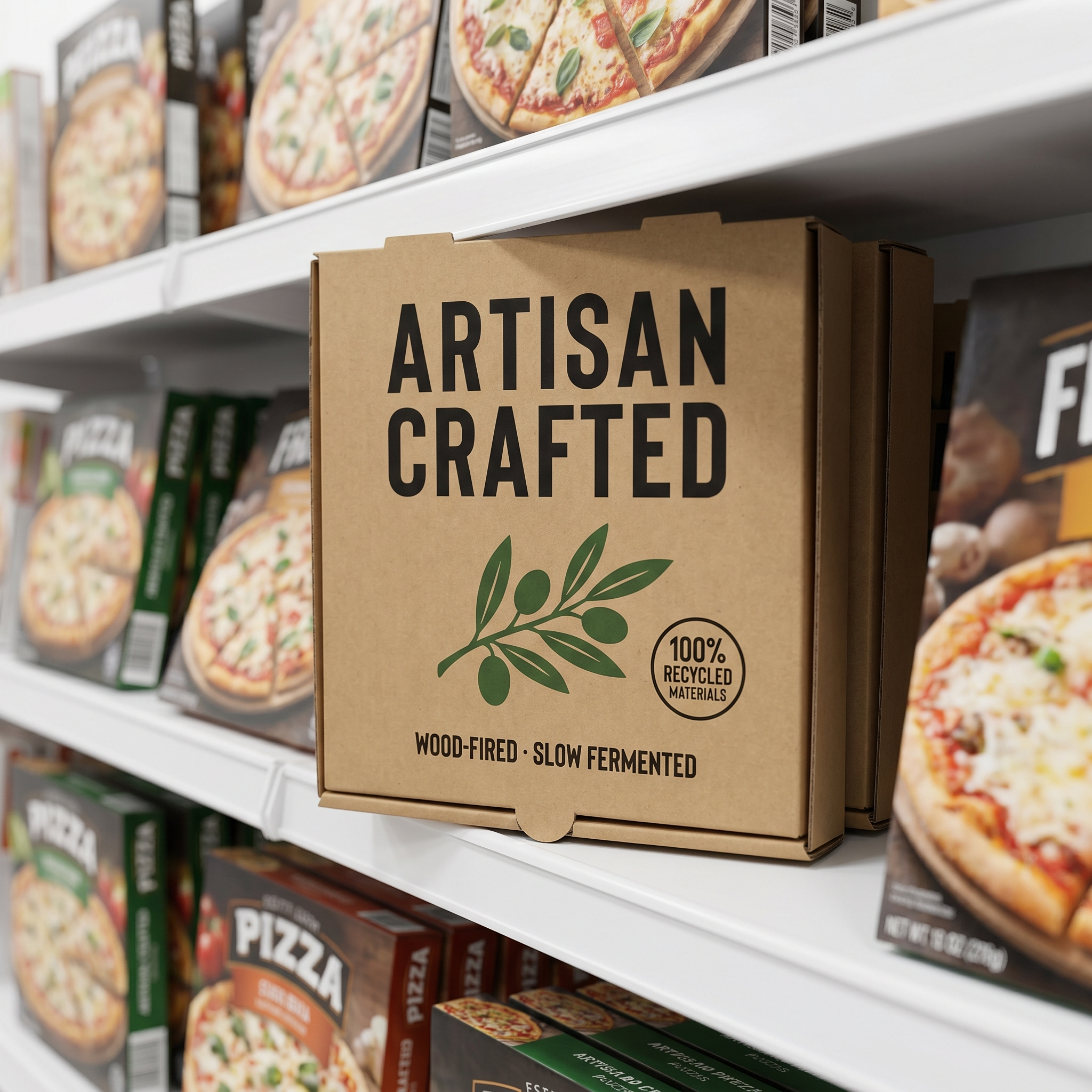 Clay Replacement Pizza Box on grocery retail shelf - frozen pizza packaging context
