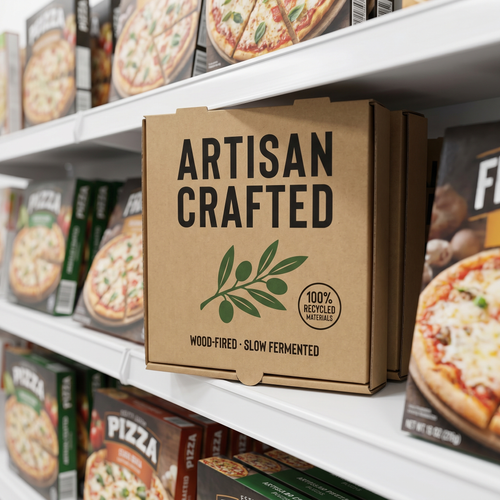 Clay Replacement Pizza Box on grocery retail shelf - frozen pizza packaging context